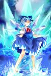  1girl barefoot blue_dress blue_eyes blue_hair bow cirno dress dress_lift grin hair_bow ice ice_block ice_wings kutsuki_kai looking_at_viewer puffy_short_sleeves puffy_sleeves shaded_face shirt short_sleeves smile solo touhou wings 