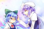  2girls blue_dress blue_eyes blue_hair bow cape cirno dress hair_bow hand_on_head hat ice ice_wings juliet_sleeves kutsuki_kai letty_whiterock long_sleeves multiple_girls open_mouth petting puffy_sleeves purple_hair shirt smile tears touhou violet_eyes wavy_mouth wings 