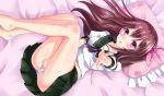  1girl bare_legs barefoot bed blush brown_hair covering covering_crotch flower hair_ornament highres kantai_collection kisaragi_(kantai_collection) kyamu_(qqea92z9n) long_hair looking_at_viewer lying on_back open_mouth panties pillow reaching_out solo underwear violet_eyes white_panties 