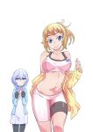  2girls bike_shorts black_gloves blonde_hair blue_eyes blue_hair breast_envy breasts gloves gundam gundam_build_fighters gundam_build_fighters_try hoshino_fumina hoshino_kouichirou jacket kijima_shia looking_at_viewer midriff multiple_girls navel pantyhose ponytail short_hair simple_background smile sports_bra white_background 