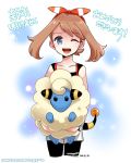  1girl ;d akeome bike_shorts bike_shorts_under_shorts blue_eyes bracelet brown_hair green_(wintergreen) hair_ribbon haruka_(pokemon) haruka_(pokemon)_(remake) jewelry looking_at_viewer mareep new_year one_eye_closed open_mouth pokemon pokemon_(creature) pokemon_(game) pokemon_oras ribbon sheep short_hair shorts smile solo translated 