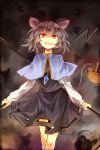  1girl animal_ears basket capelet dowsing_rod dress gem glowing glowing_eyes grey_dress grey_hair jewelry kutsuki_kai looking_at_viewer mouse mouse_ears mouse_tail nazrin necktie open_mouth pendant red_eyes see-through shaded_face smile solo tail touhou 