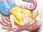  1girl :d breasts cleavage denim_skirt fangs hair_ornament hairclip kuroi_ken lamia long_hair lying miia_(monster_musume) monster_girl monster_musume_no_iru_nichijou on_back open_mouth orange_eyes pointy_ears redhead slit_pupils smile solo traditional_media 