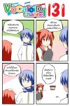  1boy 1girl 4koma animal_ears blue_eyes blue_hair cat_ears catstudioinc_(punepuni) comic commentary_request dress food_stand hand_on_another&#039;s_head highres kaito left-to-right_manga original pointing puni_(miku_plus) red_eyes redhead scarf thai translation_request vocaloid 