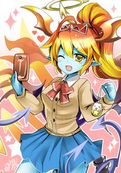  1girl ;d blonde_hair cellphone halo hera-ur_(p&amp;d) horns multicolored_hair one_eye_closed open_mouth phone ponytail puzzle_&amp;_dragons redhead school_uniform siukaukau24 smile solo tail yellow_eyes 