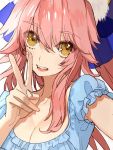  1girl breasts caster_(fate/extra) cleavage fate/extra fate_(series) hair_ornament long_hair pink_hair self_shot solo v wada_aruko yellow_eyes 