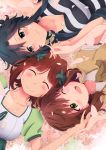  3girls amami_haruka black_hair brown_hair cherry_blossoms closed_eyes collarbone hagiwara_yukiho hair_ribbon highres holding_hands idolmaster kikuchi_makoto lying multiple_girls nguyen_van-hai one_eye_closed open_mouth ribbon smile 