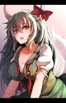  1girl blush breasts cleavage dress ex-keine green_hair horn_bow horns kamishirasawa_keine long_hair looking_at_viewer nakaichi_(ridil) open_mouth red_eyes solo tail touhou 