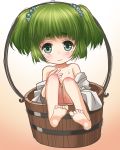  1girl barefoot blush bucket collarbone green_eyes green_hair hair_bobbles hair_ornament in_bucket in_container japanese_clothes kei_kei kimono kimono_pull kisume off_shoulder sitting solo tears topless touhou twintails wavy_mouth wooden_bucket yukata 