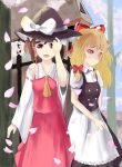  2girls apron ascot blonde_hair blue_sky blush bow brown_hair cherry_blossoms clouds detached_sleeves embarrassed facing_away hair_bow hair_ribbon hair_tubes hakurei_reimu hand_on_headwear hat hat_ribbon headwear_switch hinomoto_souya kirisame_marisa light_frown looking_at_viewer looking_down multiple_girls open_mouth outdoors payot petals red_eyes ribbon short_hair short_sleeves skirt skirt_set sky touhou tree tress_ribbon waist_apron witch_hat yellow_eyes 