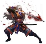  1boy alpha_transparency armor artist_request black_gloves blood boots chaos_heroes_online full_body gloves highres katana kote kusazuri male_focus official_art red_eyes samurai sheath sheathed simple_background sode solo sword the_bloodiator transparent_background weapon white_hair 