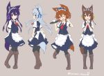  4girls ;d akatsuki_(kantai_collection) alternate_costume animal_ears apron arms_behind_back black_hair blue_eyes boots brown_boots brown_eyes brown_hair cross-laced_footwear cup dog_ears dog_tail dress_shirt enmaided folded_ponytail hands_clasped hibiki_(kantai_collection) ikazuchi_(kantai_collection) inazuma_(kantai_collection) kantai_collection kemonomimi_mode knee_boots lace-up_boots looking_at_viewer maid maid_headdress multiple_girls necktie one_eye_closed open_mouth pantyhose shirt short_hair silver_hair smile surume_aburi tail teacup thigh-highs tray twitter_username waist_apron wavy_mouth 