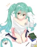  1girl downblouse from_above green_eyes green_hair hatsune_miku long_hair sitting socks solo twintails very_long_hair vocaloid wariza white_background yuuuuu_(magia-mami) 