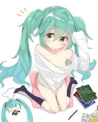  1girl downblouse from_above green_eyes green_hair hatsune_miku long_hair sitting socks solo twintails very_long_hair vocaloid wariza white_background yuuuuu_(magia-mami) 