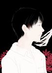  1boy black_background black_hair blood flower flower_check from_side hand_on_another&#039;s_chin hickey original re:i shirt simple_background skeletal_arm solo_focus spider_lily spot_color upper_body white_shirt 