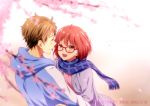  1boy 1girl blush brown_eyes brown_hair cherry_trees glasses happy happy_birthday hood_down hooded_jacket hug jacket kanbara_akihito kuriyama_mirai kyoukai_no_kanata open_clothes open_jacket orange_eyes pink_hair rito453 scarf short_hair smile 