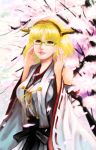  1girl bare_shoulders blonde_hair cherry_blossoms cosplay detached_sleeves glasses headgear highres japanese_clothes kantai_collection kirishima_(kantai_collection) kirishima_(kantai_collection)_(cosplay) maro4 mugetsu nontraditional_miko short_hair smile solo touhou touhou_(pc-98) yellow_eyes 