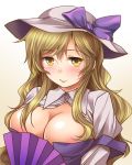  1girl blonde_hair blush breasts cleavage fan gradient gradient_background hat hat_ribbon juliet_sleeves kei_kei large_breasts long_hair long_sleeves looking_at_viewer open_clothes open_shirt puffy_sleeves ribbon shirt simple_background smile solo touhou watatsuki_no_toyohime white_shirt yellow_eyes 