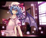 1girl arched_back arms_behind_back ascot bat_wings blue_hair brooch fireplace frame hat hat_ribbon hoge_(camyu) indoors jewelry letterboxed light_particles looking_at_viewer midriff mob_cap parted_lips puffy_short_sleeves puffy_sleeves red_eyes remilia_scarlet ribbon short_hair short_sleeves skirt skirt_set slit_pupils solo touhou window wings 