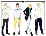  amber_eyes blonde_hair full_body glasses haikyuu!! hands_in_pockets hat headphones highres hood_down hooded_jacket jacket looking_to_the_side multiple_persona open_clothes open_jacket pants short_hair standing tsukishima_kei white_background yasai_(getsu) 