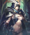  1girl aqua_eyes artist_request breasts card_(medium) chaos_heroes_online cloak cowboy_shot darae fingerless_gloves gloves hood looking_at_viewer midriff navel official_art solo 