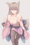  1girl animal_ears bare_shoulders blush breasts brown_hair cleavage food food_on_head fox_ears fox_tail grey_hair grey_legwear highres japanese_clothes kimono long_hair obi object_on_head original pantyhose sash simple_background solo tail touma_raito violet_eyes 