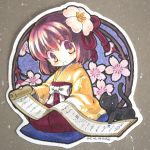  1girl cat colored_pencil_(medium) flower hair_flower hair_ornament hieda_no_akyuu highres japanese_clothes kimono long_sleeves marker_(medium) obi open_mouth pillow pink_eyes pink_hair sash scroll seiza sitting socha solo touhou traditional_media wide_sleeves 