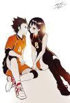  1boy 1girl bent_knees black_hair full_body glasses haikyuu!! looking_at_another nishinoya_yuu shimizu_kiyoko short_hair side-by-side sitting smile sportswear thigh-highs volleyball_uniform white_background yasai_(getsu) 