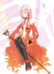  1girl bare_shoulders blush breasts center_opening cleavage detached_sleeves elbow_gloves fingerless_gloves gloves guilty_crown hair_ornament hairclip highres long_hair looking_at_viewer microphone microphone_stand navel pink_hair red_eyes smile solo thigh-highs twintails yuzuriha_inori 