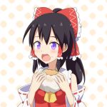  1girl ascot black_hair blush bow cato_(monocatienus) detached_sleeves eating food food_on_face hair_bow hair_ribbon hair_tubes hakurei_reimu hamburger holding long_hair looking_at_viewer nontraditional_miko open_mouth ponytail ribbon solo touhou upper_body violet_eyes 