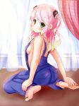  1girl ass barefoot blush breasts curtains denim feet full_body green_eyes long_hair looking_back naked_overalls original overalls pink_hair sideboob sitting soles solo toes twintails wariza 