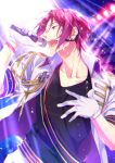  1boy aiguillette free! gloves hand_on_own_chest headset idol male_focus matsuo_shin matsuoka_rin microphone open_mouth red_eyes redhead sharp_teeth short_hair singing sparkle sweat 