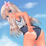  1girl ass bare_shoulders blonde_hair blue_eyes blue_sky blush flower hibiscus kantai_collection long_hair one-piece_swimsuit open_mouth riku_(rikkuru) ro-500_(kantai_collection) sky solo swimsuit tan tanline 