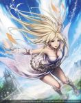  1girl 2012 anbe_yoshirou artist_name blonde_hair blue_eyes breasts cleavage dress falling guardian_cross long_hair official_art open_mouth original sky smile solo square_enix white_dress 