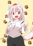  1girl animal_ears breasts cat_paws detached_sleeves fang hat inubashiri_momiji looking_away open_mouth paws pom_pom_(clothes) red_eyes short_hair signature silver_hair skirt solo tail taurine_8000mg tokin_hat touhou wolf_ears wolf_tail 