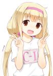  1girl :d blonde_hair blush brown_eyes clothes_writing double_v futaba_anzu gym_uniform idolmaster idolmaster_cinderella_girls long_hair looking_at_viewer low_twintails nagian open_mouth smile solo twintails v very_long_hair 