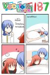  1boy 1girl 4koma black_shirt blue_eyes blue_hair bottomless catstudioinc_(punepuni) comic commentary_request finger_to_chin highres kaito left-to-right_manga long_sleeves original pillow puni_(miku_plus) red_eyes redhead scarf shared_blanket thai translation_request vocaloid zzz 