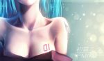  1girl bai_yemeng bare_shoulders blue_hair body_writing breasts butterfly_tattoo character_name cleavage collarbone hatsune_miku head_out_of_frame off_shoulder revision solo tattoo upper_body vocaloid 