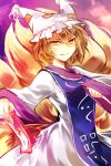  1girl blonde_hair dress fox_tail hat hat_with_ears kutsuki_kai long_sleeves looking_at_viewer multiple_tails shaded_face smile solo spell_card tabard tail touhou white_dress wide_sleeves yakumo_ran yellow_eyes 