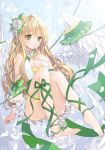  1girl angel barefoot blonde_hair breasts canape_(canape0130) cleavage dress feathers flower green_eyes hair_flower hair_ornament legs long_hair original ribbon rose sitting sleeveless solo toes vines white_rose wings 