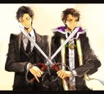  2boys black_hair chain formal highres kesion_(orphen) majutsushi_orphen multiple_boys nanatoki necktie orphen short_hair suit sword weapon 
