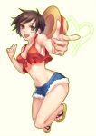  1girl :d breasts brown_eyes brown_hair dywx_poison genderswap hat heart monkey_d_luffy navel one_piece open_mouth sandals scar short_hair smile solo straw_hat 