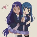  2girls blue_eyes blue_hair brown_eyes dark_skin female hair_ornament hairclip hikari_(pokemon) holding_hands hug iris_(pokemon) jacket long_hair meiji multiple_girls pokemon pokemon_(anime) ponytail purple_hair school_uniform shirt skirt smile sweater thigh-highs very_long_hair 