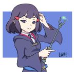  1girl avery_(little_witch_academia) belt commentary copyright_name hair_ornament little_witch_academia looking_at_viewer purple_hair robe short_hair solid_circle_eyes solo upper_body wand wide_sleeves witch xypherzx 