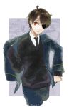  1boy aldnoah.zero brown_eyes brown_hair eyepatch highres jacket kaizuka_inaho kino_g_e male_focus short_hair sleeves_past_wrists smile sweater 