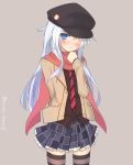  1girl alternate_costume blue_eyes blush casual checkered checkered_skirt hat hibiki_(kantai_collection) kantai_collection long_hair looking_at_viewer necktie scarf silver_hair skirt solo striped striped_legwear striped_necktie surume_aburi thigh-highs waving_arms 