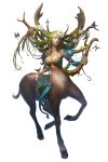  1girl antlers artist_request bracelet braid butterfly centaur chaos_heroes_online flower full_body green_hair grey_eyes hair_flower hair_ornament harp highres instrument jewelry lips long_hair mayreel official_art parted_lips simple_background solo transparent_background 