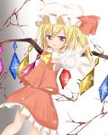  1girl ascot blonde_hair crack flandre_scarlet glowing gradient gradient_background haizakurakanon hat hat_ribbon looking_at_viewer mob_cap open_mouth outstretched_hand red_eyes ribbon short_hair short_sleeves side_ponytail simple_background skirt skirt_set solo sparkle touhou wings 