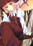  1girl branch brown_dress dress expressionless frilled_sleeves frills highres in_tree long_sleeves mystia_lorelei nail_polish otogi_kyouka pink_eyes pink_hair puffy_long_sleeves puffy_sleeves short_hair sitting sitting_in_tree solo touhou tree wide_sleeves wings 