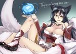 1girl ahri animal_ears bare_shoulders black_hair breasts bursting_breasts cleavage crossed_legs detached_sleeves english facial_mark fox_ears fox_tail kaida_michi korean_clothes large_breasts league_of_legends legs long_hair looking_at_viewer multiple_tails smile solo tail thighs whisker_markings yellow_eyes 